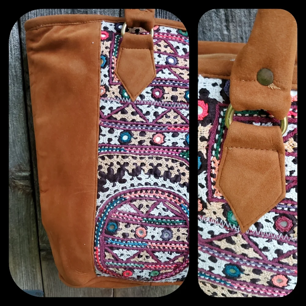 Artisan Banjara free spirit boho Hippie vegan faux suede embroidered bag vtg